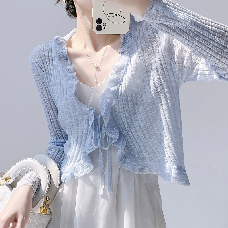 Summer Clothing Teens - Ruffled Trim Tie Front Long Sleeve