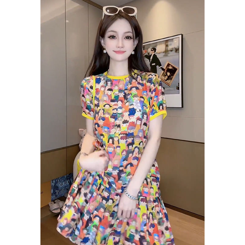 Summer Clothing Young Women - Fashion O-Neck Spliced Printed Cartoon Floral