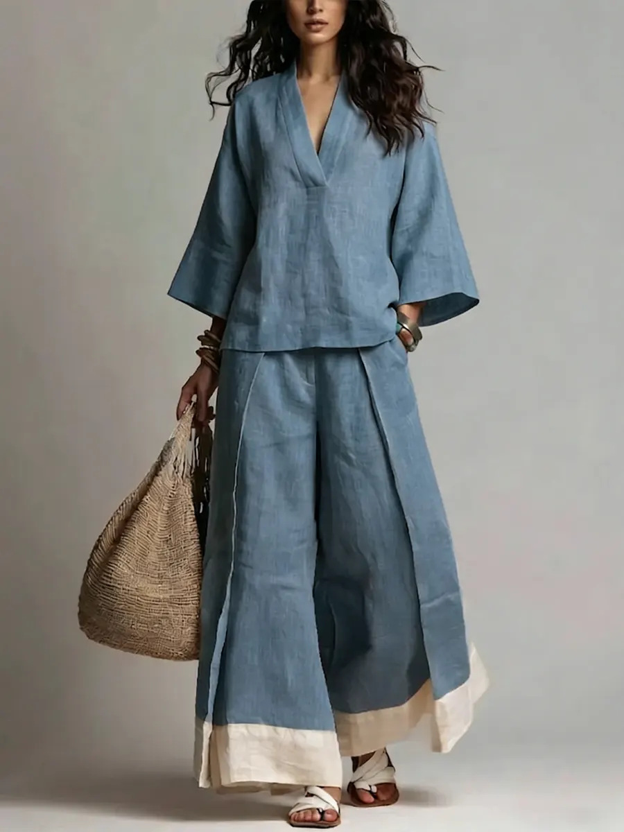 Summer Linen Clothing For Women - Summer Women V-neck Cotton Linen Set