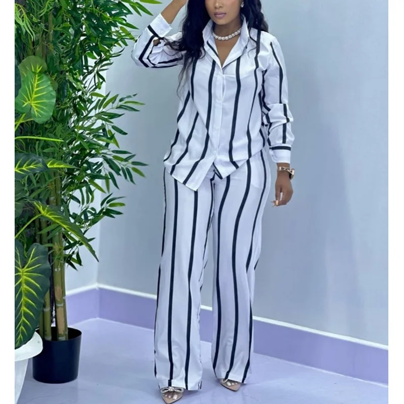 Summer Linen Clothing For Women - African Fashion Stripe Two Piece Set