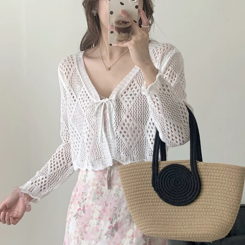 Summer Clothing Teens - Sheer Pointelle Knit Crop Cardigan with